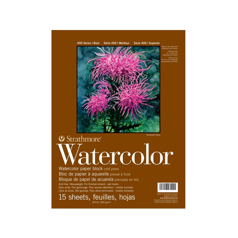 Strathmore Watercolor Serie 400, Blocco collato 4 lati, Bianco, 15 fogli, Grana Fine, 300gr/Mq