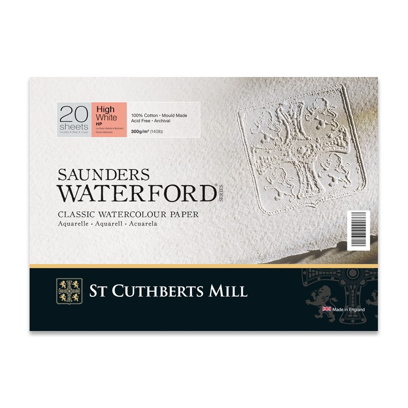 St Cuthberts Mill Saunders Waterford, Blocco collato 4 lati, Extra Bianco, 20 fogli, Grana Satinata, 300gr/Mq