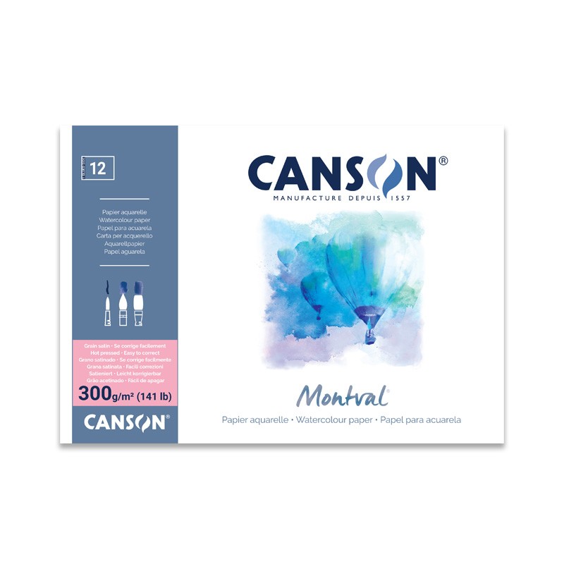 Canson Montval, Blocco collato, Bianco, 12 fogli, Grana Satinata, 300gr/Mq