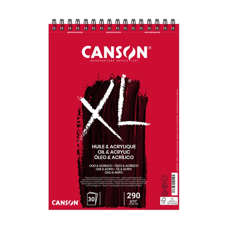 Canson XL Huile & Acrylique, Blocco spiralato, Bianco, 30 fogli, Grana non telata, 290gr/Mq