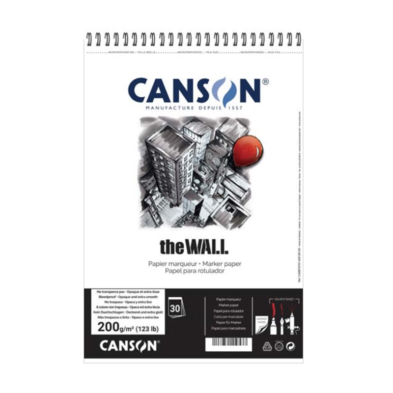 Canson The Wall, Blocco spiralato, Bianco, 30 fogli, Grana Extra Liscia, 200gr/Mq