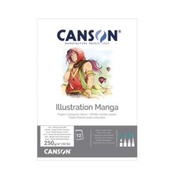Canson Illustration Manga, Blocco collato, Bianco, 12 fogli, Grana Liscia, 250gr/Mq