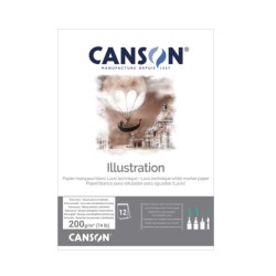 Canson Illustration, Blocco collato, Bianco, 12 fogli, Grana Extra Liscia, 200gr/Mq