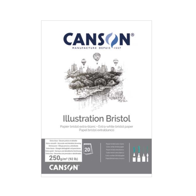 Canson Illustration Bristol, Blocco collato, Extra Bianco, 20 fogli, Grana Extra Liscia, 250gr/Mq