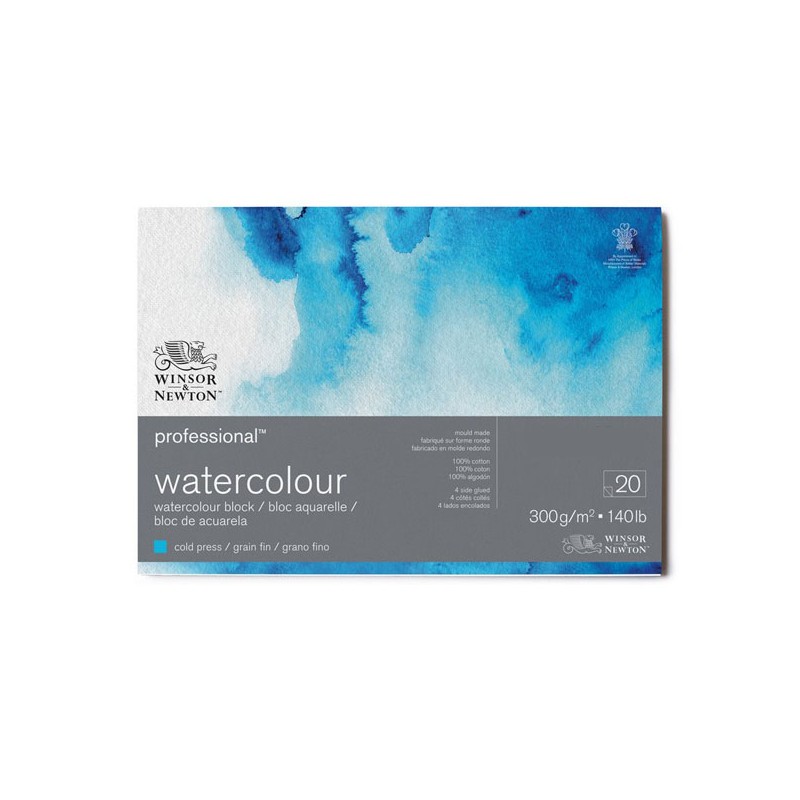 Winsor & Newton Acquerello Professional, Blocco Collato 4 lati, 20 Fogli, Grana Fine, 300gr/Mq