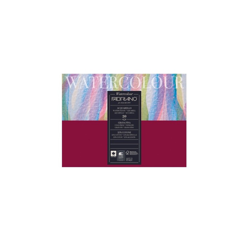 Fabriano Watercolour grana fina, blocco collato 4 lati, 20 fogli, cm 18x24, 200gr/mq