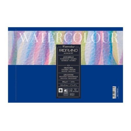 Fabriano Watercolour grana fina, blocco collato 1 lato, 12 fogli, cm 18x24, 300gr/mq