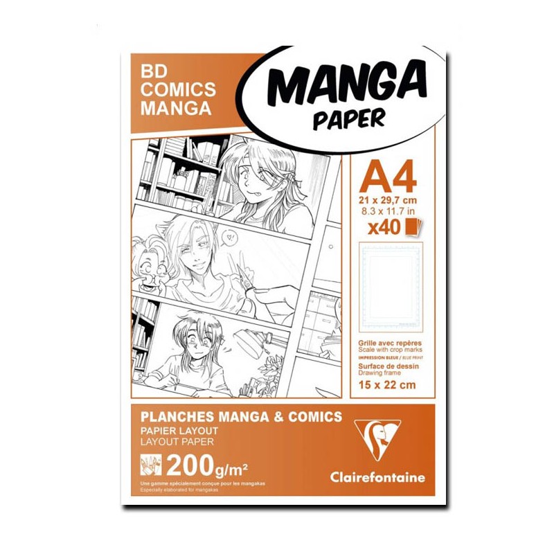 Clairefontaine Manga Multitecnica, Bianca con griglia singola, confezione da 40 fogli, cm 21x29,7 (A4), Grana Liscia, 200gr/Mq