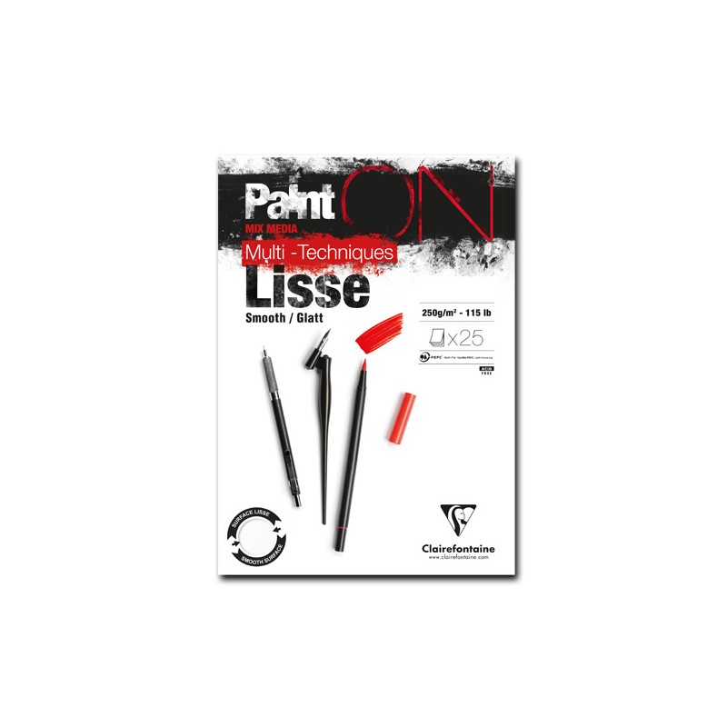 Clairefontaine Paint ON Lisse, Blocco Collato, Bianca, 25 fogli, Grana Liscia, 250gr/Mq