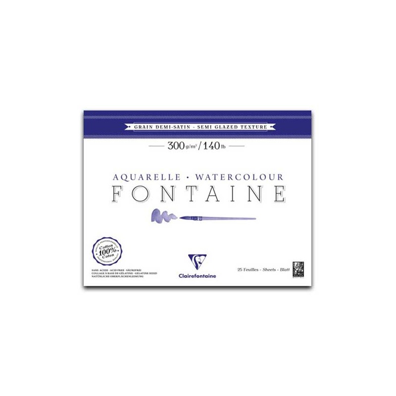 Clairefontaine Fontaine Aquarelle, Blocco Collato 4 lati, Bianco naturale, 25 Fogli, Grana Semi-satinata, 300gr/Mq