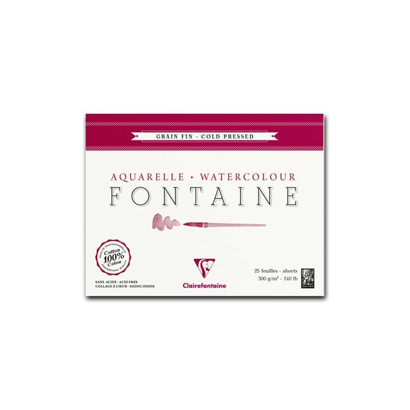 Clairefontaine Fontaine Aquarelle, Blocco Collato 4 lati, Bianco naturale, 25 Fogli, Grana Fine, 300gr/Mq