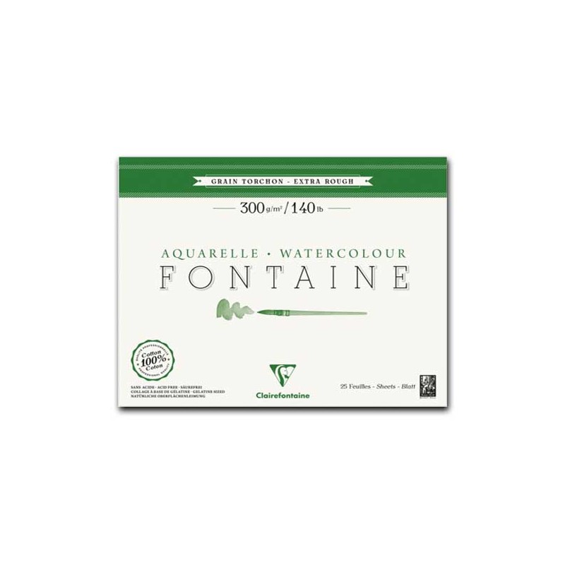 Clairefontaine Fontaine Aquarelle, Blocco Collato 4 lati, Bianco naturale, 25 Fogli, Grana Ruvida, 300gr/Mq