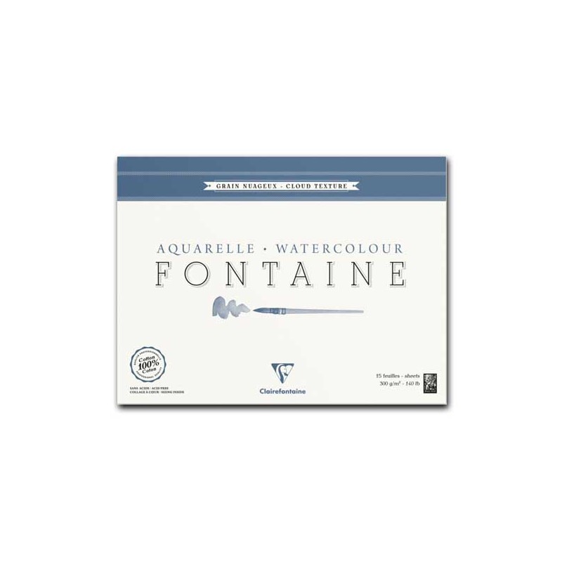 Clairefontaine Fontaine Aquarelle, Blocco Collato 4 lati, Bianco naturale, 15 Fogli, Grana Nuvola, 300gr/Mq