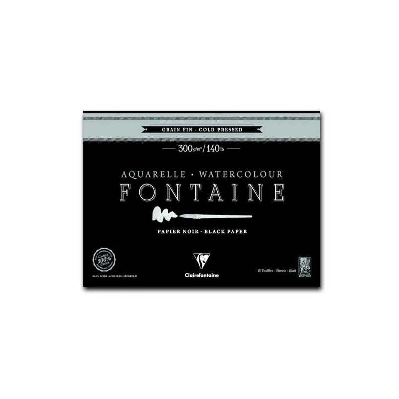 Clairefontaine Fontaine Aquarelle, Blocco Collato 4 lati, Nero, 15 Fogli, Grana Fine, 300gr/Mq