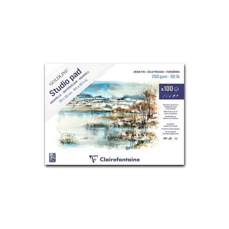 Clairefontaine Goldline Studio Pad, Blocco Collato 1 lato, Bianco naturale, 100 Fogli, Grana Fine, 200gr/Mq