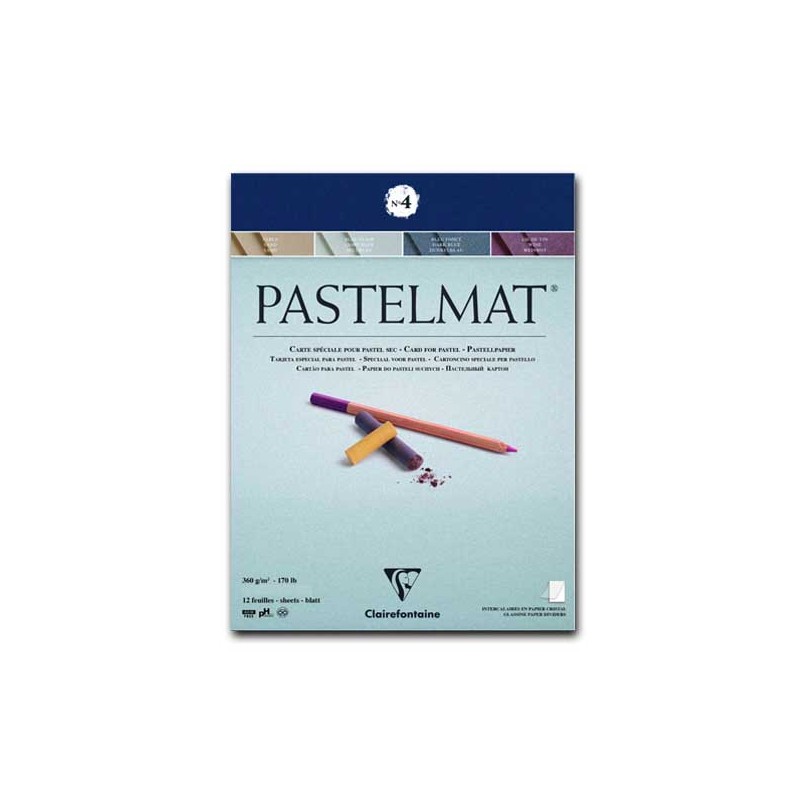 Clairefontaine Pastelmat n.4, Blocco collato 1 lato, 12 Fogli assortiti (Blu scuro, Azzurro, Vinaccia, Sabbia), 360gr/Mq