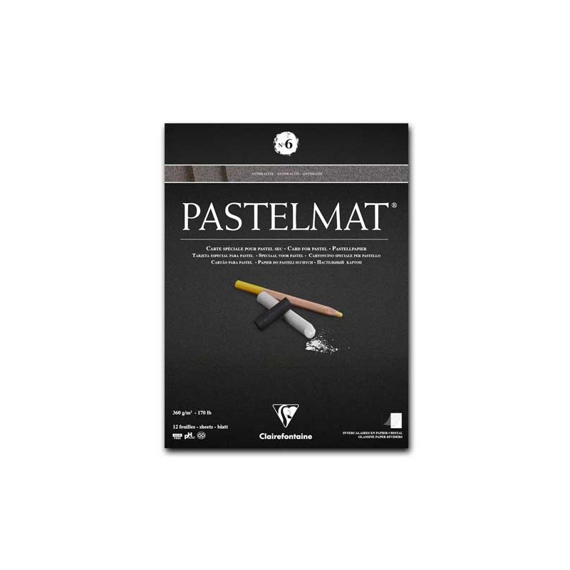 Clairefontaine Pastelmat n.6, Blocco collato 1 lato, 12 Fogli Antracite, 360gr/Mq