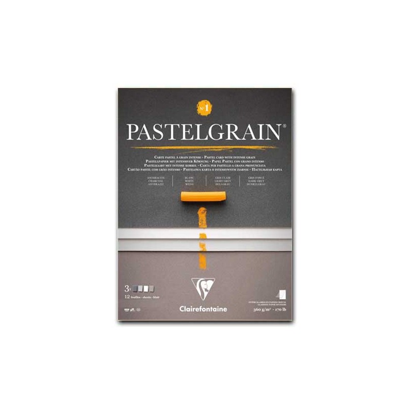 Clairefontaine Pastelgrain n.1, Blocco collato 1 lato, 12 Fogli assortiti (Antracite, Bianco, Grigio ch., Grigio sc.), 360gr/Mq