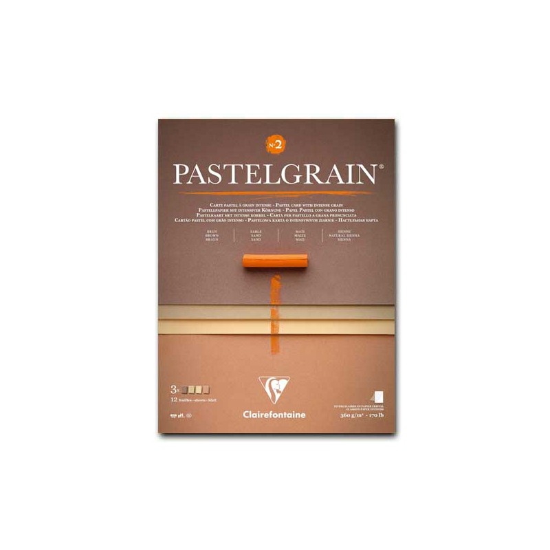 Clairefontaine Pastelgrain n.2, Blocco collato 1 lato, 12 Fogli assortiti (Marrone, Sabbia, Mais, Siena), 360gr/Mq