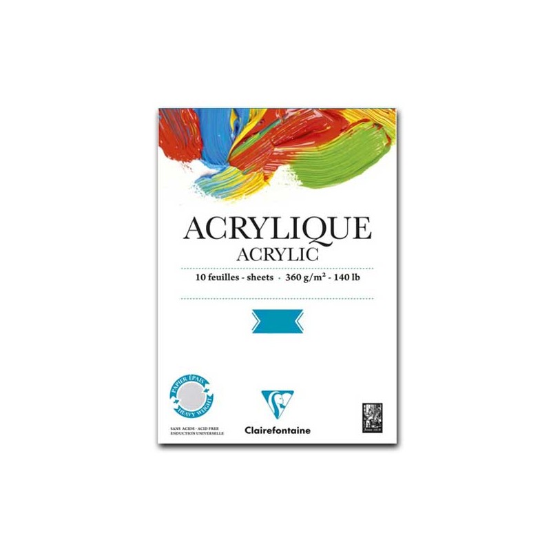 Clairefontaine Carta per Acrilico, Blocco Collato 1 lato, Bianco, 10 Fogli, Grana Liscia, 360gr/Mq