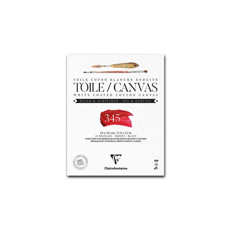 CM.24X30 - Clairefontaine Blocco Tela Collato 1 lato, Bianca, 10 Fogli, Grana Media, 100% cotone, 345gr/Mq