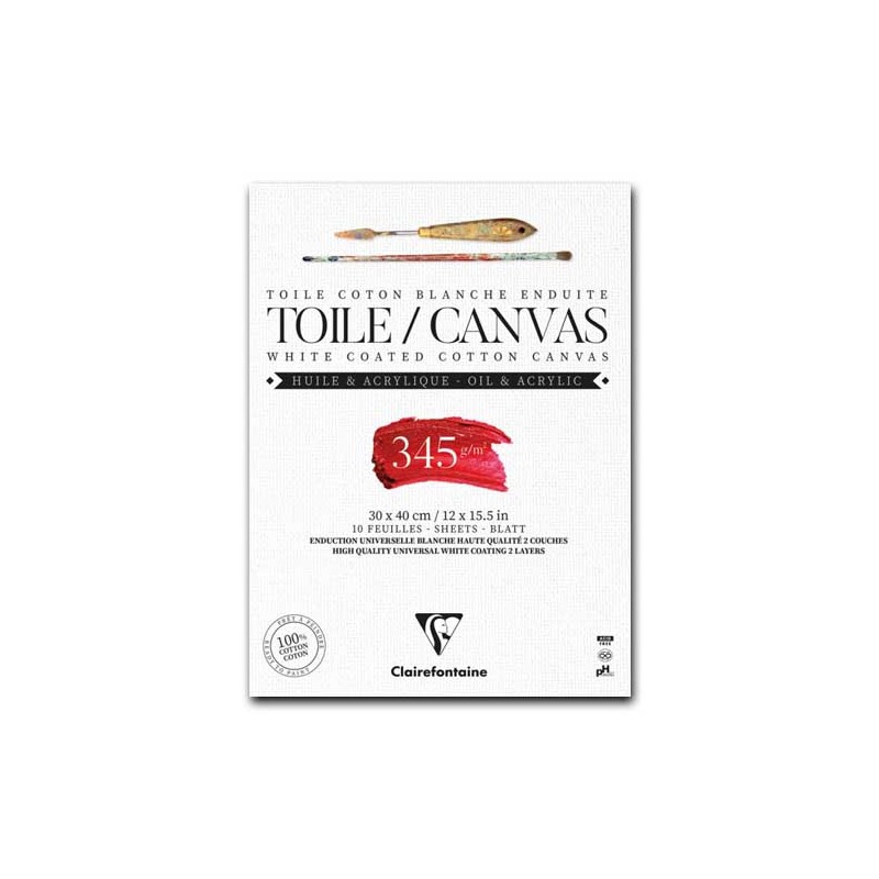 CM.30X40 - Clairefontaine Blocco Tela Collato 1 lato, Bianca, 10 Fogli, Grana Media, 100% cotone, 345gr/Mq