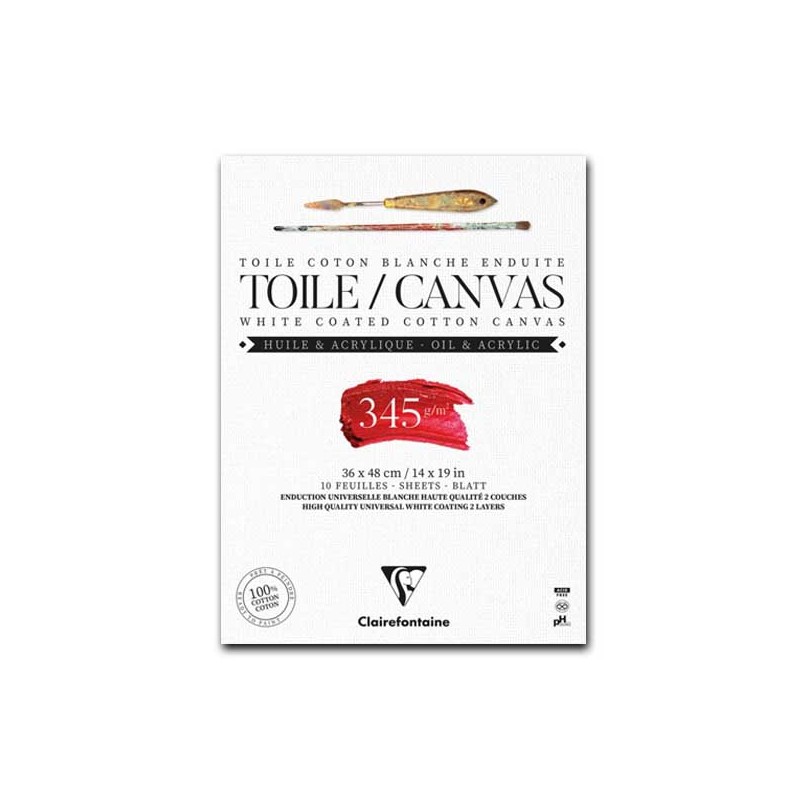 CM.36X48 - Clairefontaine Blocco Tela Collato 1 lato, Bianca, 10 Fogli, Grana Media, 100% cotone, 345gr/Mq