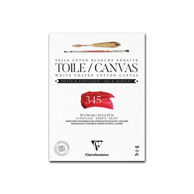 CM.42X56 - Clairefontaine Blocco Tela Collato 1 lato, Bianca, 10 Fogli, Grana Media, 100% cotone, 345gr/Mq