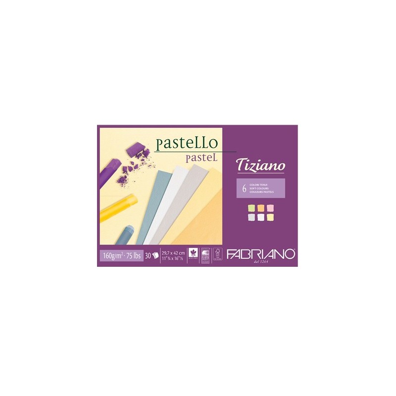 Fabriano Tiziano, blocco collato 1 lato, 30 fogli, colori tenui, cm 21x29,7, 160gr/mq