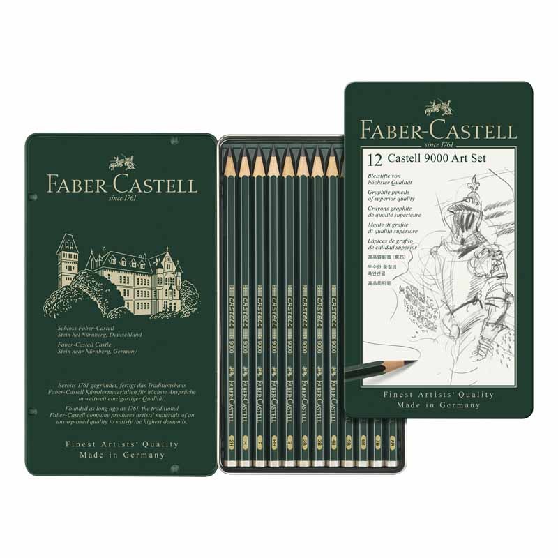 Faber-Castell Art Set 12 Matite Grafite Castell 9000 Scatola in metallo