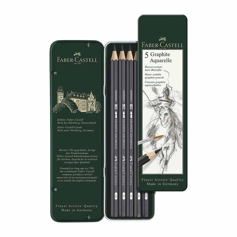 Faber-Castell Set 5 Matite Grafite Aquerellabile Graphite Aquarelle Scatola in metallo