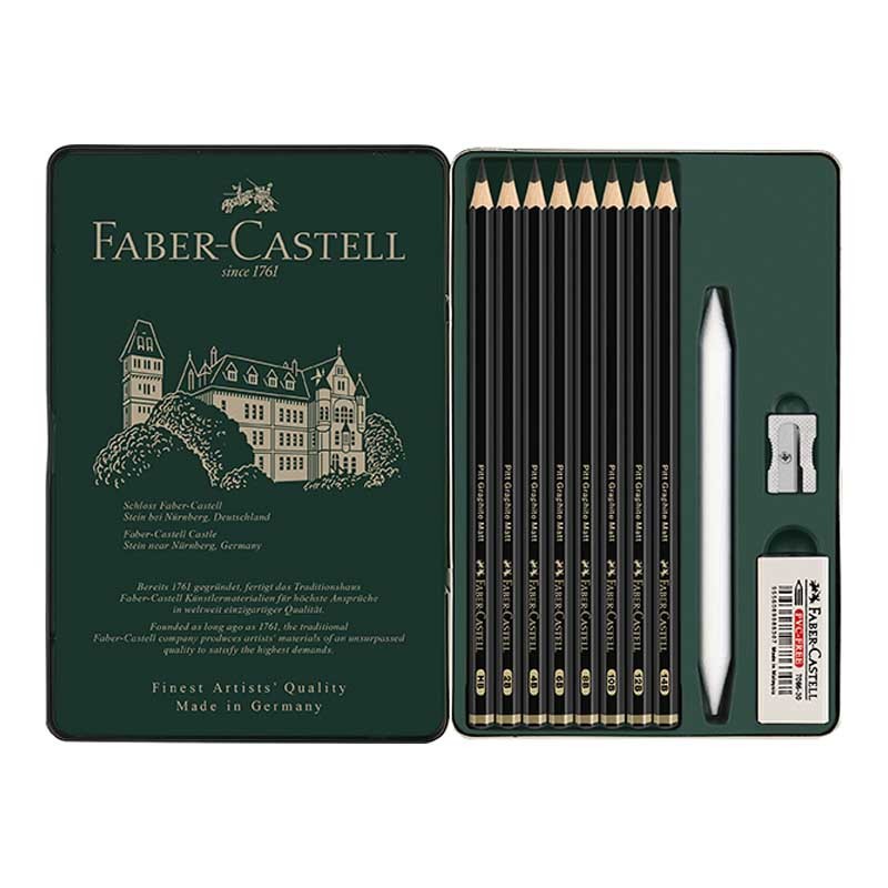 Faber-Castell Set 11 Pitt Graphite Matt (8 Matite Grafite + 3 Accessori) Scatola in metallo