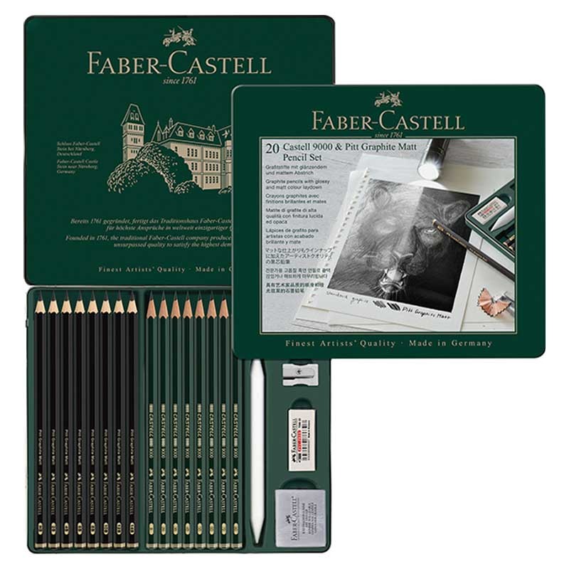 Faber-Castell Set 20 Pitt Graphite Matt & Castell 9000 Scatola in metallo