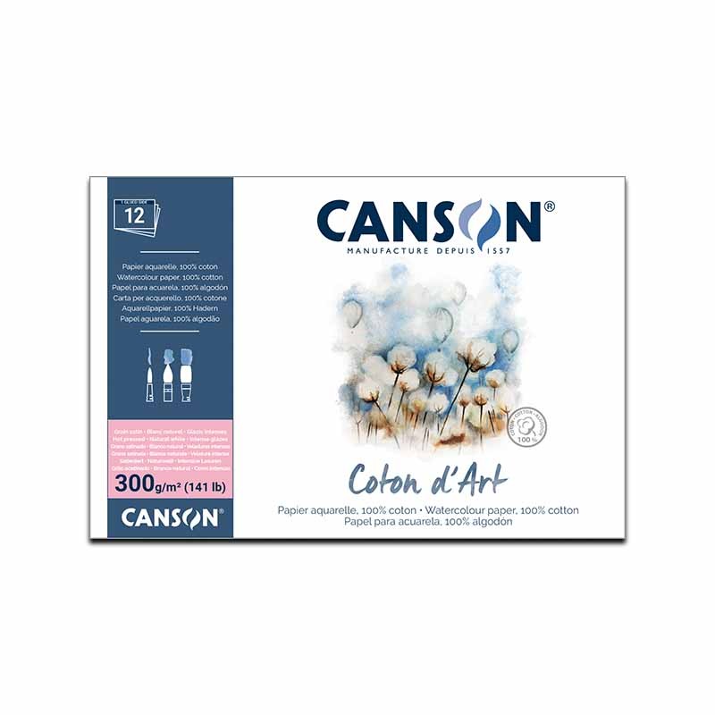 Canson Coton d'art, Blocco collato, Bianco Naturale, 12 fogli, Grana Satinata, 300gr/Mq