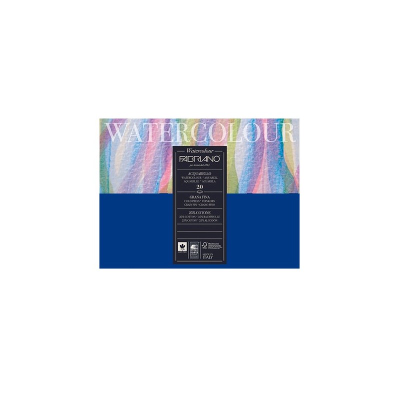 Fabriano Watercolour grana fina, blocco collato 4 lati, 20 fogli, cm 36x48, 300gr/mq