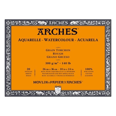 Arches Aquarelle Bianco Naturale, blocco collato 4 lati, 20 fogli, cm 26x36, grana torchon, 300gr/mq