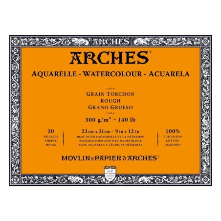 Arches Aquarelle Bianco Naturale, blocco collato 4 lati, 20 fogli, cm 23x31, grana torchon, 300gr/mq