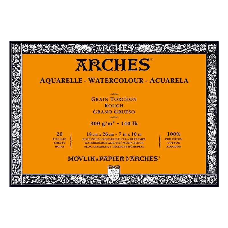 Arches Aquarelle Bianco Naturale, blocco collato 4 lati, 20 fogli, cm 18x26, grana torchon, 300gr/mq