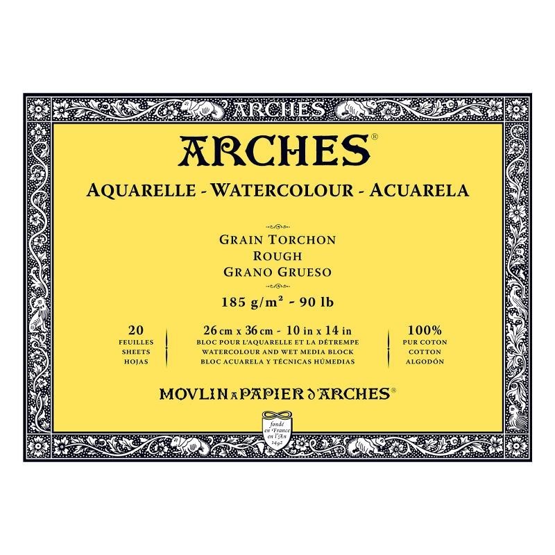 Arches Aquarelle Bianco Naturale, blocco collato 4 lati, 20 fogli, cm 26x36, grana torchon, 185gr/mq