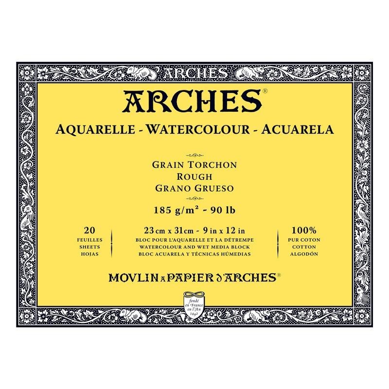Arches Aquarelle Bianco Naturale, blocco collato 4 lati, 20 fogli, cm 23x31, grana torchon, 185gr/mq