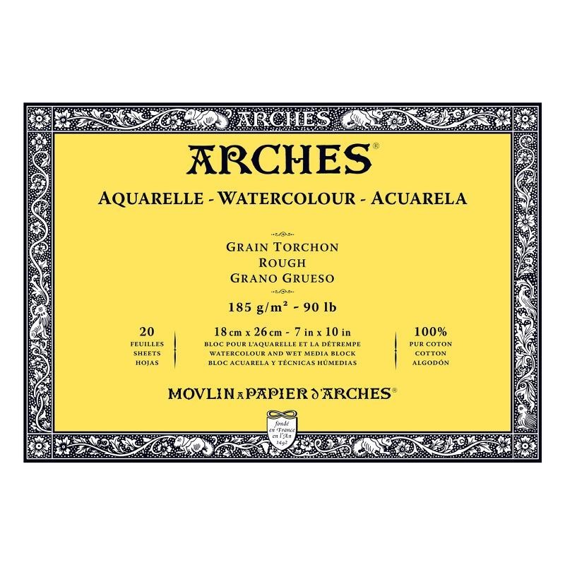Arches Aquarelle Bianco Naturale, blocco collato 4 lati, 20 fogli, cm 18x26, grana torchon, 185gr/mq