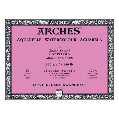 Arches Aquarelle Bianco Naturale, blocco collato 4 lati, 20 fogli, cm 23x31, grana satinata, 300gr/mq