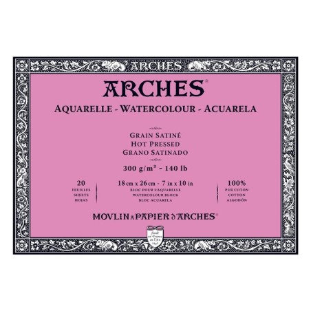 Arches Aquarelle Bianco Naturale, blocco collato 4 lati, 20 fogli, cm 18x26, grana satinata, 300gr/mq