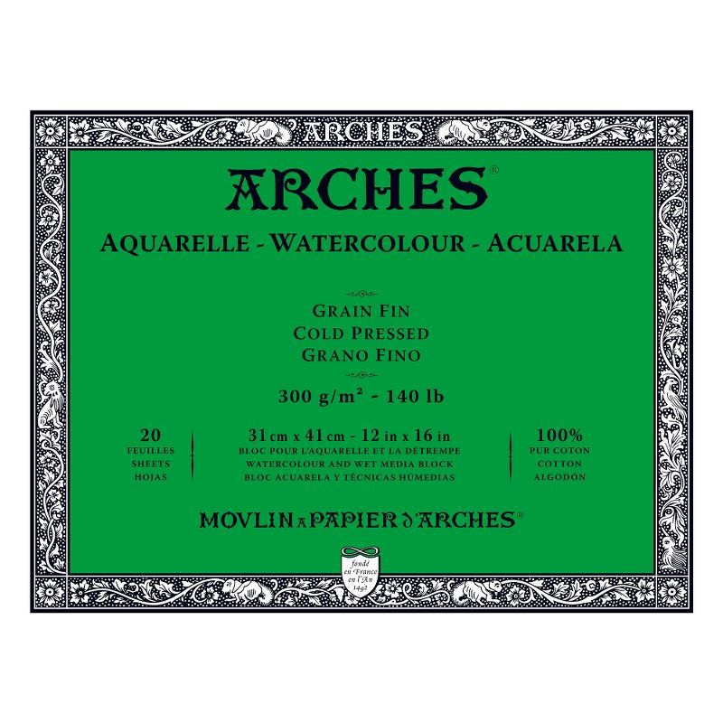 Arches Aquarelle Bianco Naturale, blocco collato 4 lati, 20 fogli, cm 31x41, grana fine, 300gr/mq