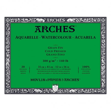 Arches Aquarelle Bianco Naturale, blocco collato 4 lati, 20 fogli, cm 31x41, grana fine, 300gr/mq