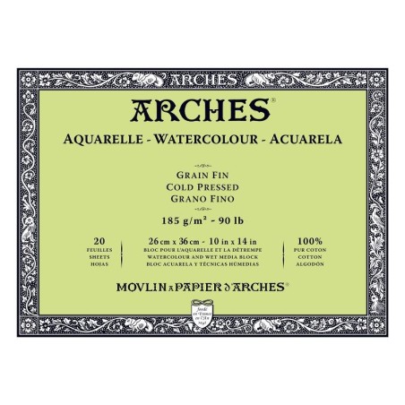 Arches Aquarelle Bianco Naturale, blocco collato 4 lati, 20 fogli, cm 26x36, grana fine, 185gr/mq