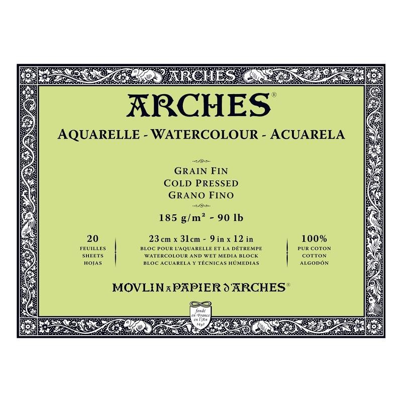 Arches Aquarelle Bianco Naturale, blocco collato 4 lati, 20 fogli, cm 23x31, grana fine, 185gr/mq
