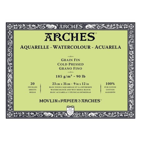Arches Aquarelle Bianco Naturale, blocco collato 4 lati, 20 fogli, cm 23x31, grana fine, 185gr/mq
