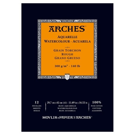 Arches Aquarelle Bianco Naturale, blocco collato 1 lato, 12 fogli, cm 29,7x42, grana torchon, 300gr/mq