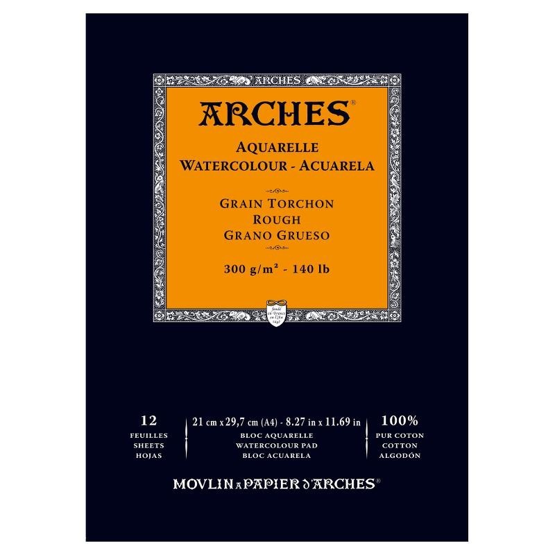 Arches Aquarelle Bianco Naturale, blocco collato 1 lato, 12 fogli, cm 21x29,7, grana torchon, 300gr/mq